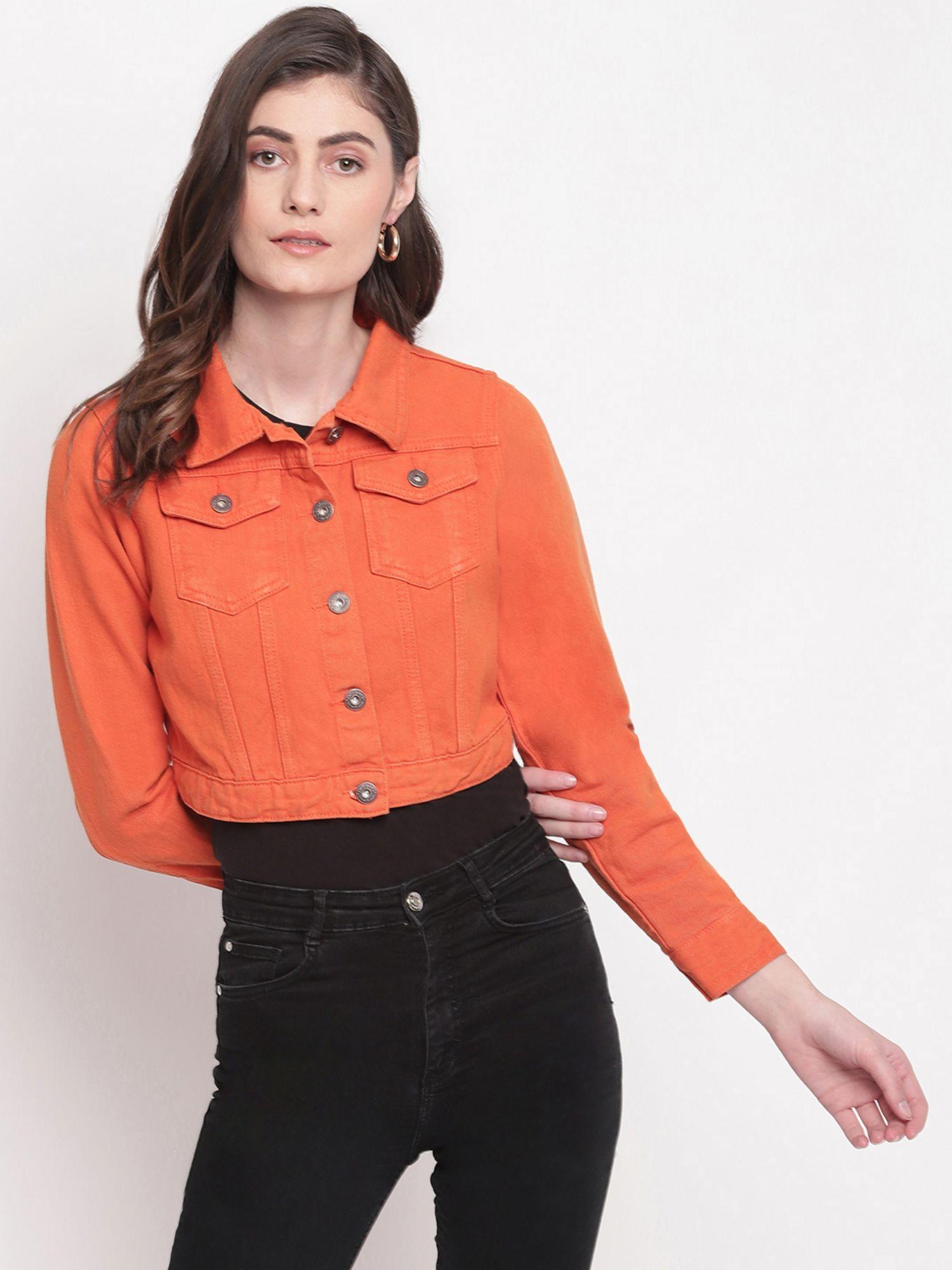 women orange denim cropped jacket