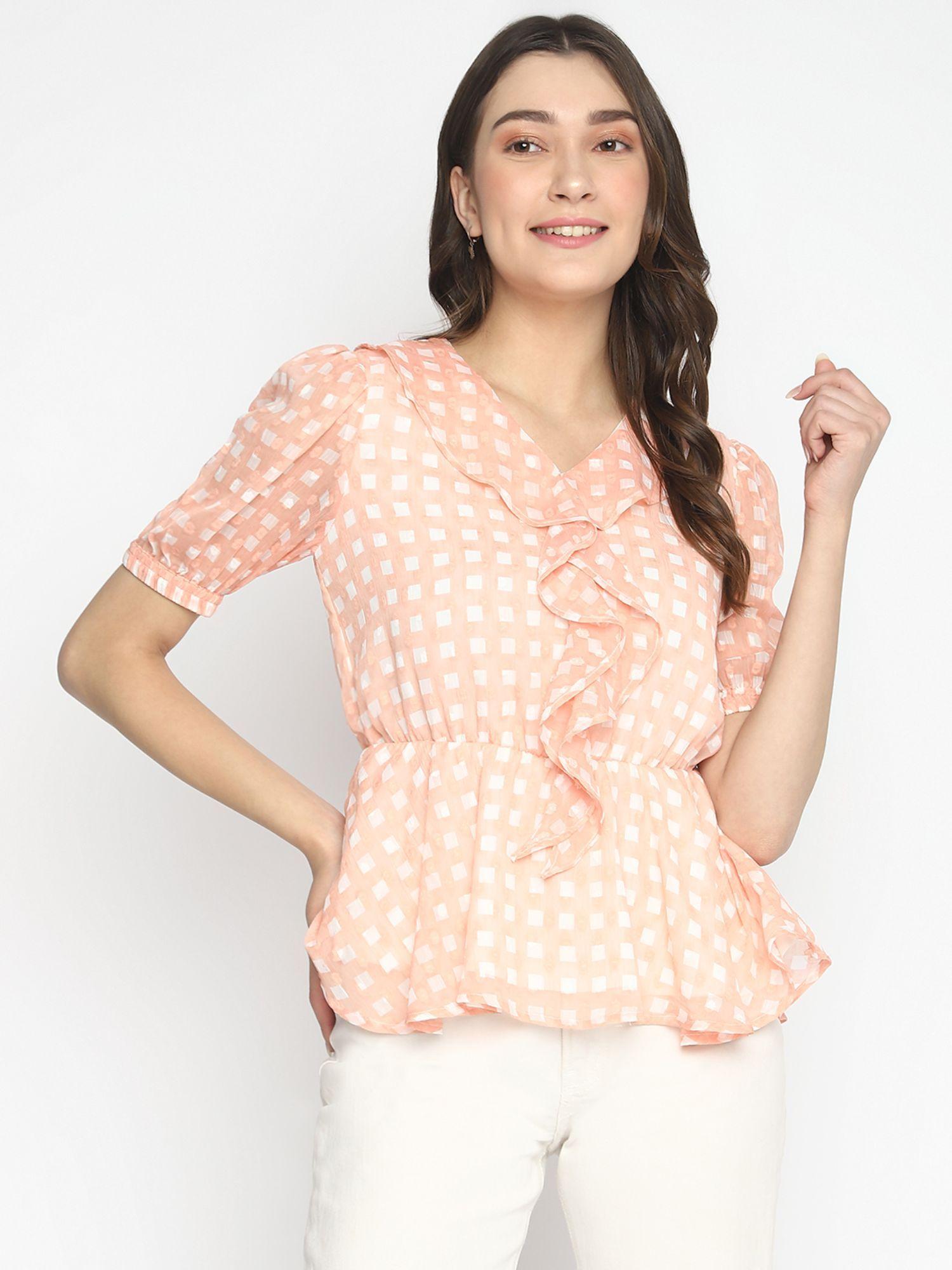 women orange dot printed half sleeve regular top with ruffles