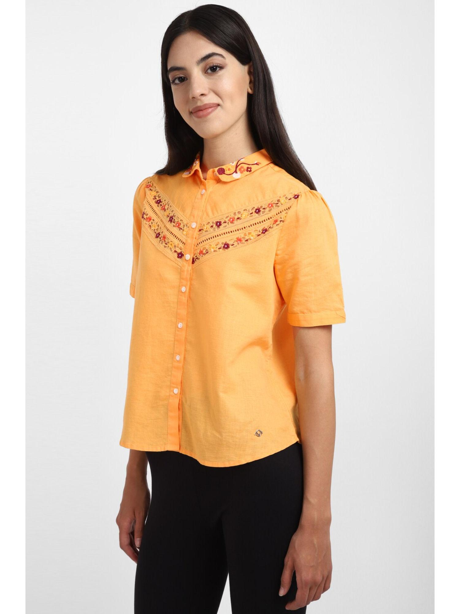 women orange embroidered short sleeves shirt