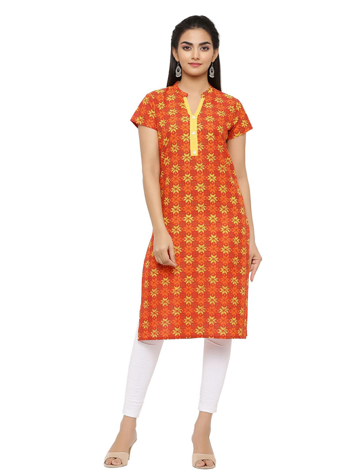 women orange ethnic motifs printed half sleeves floral kurta