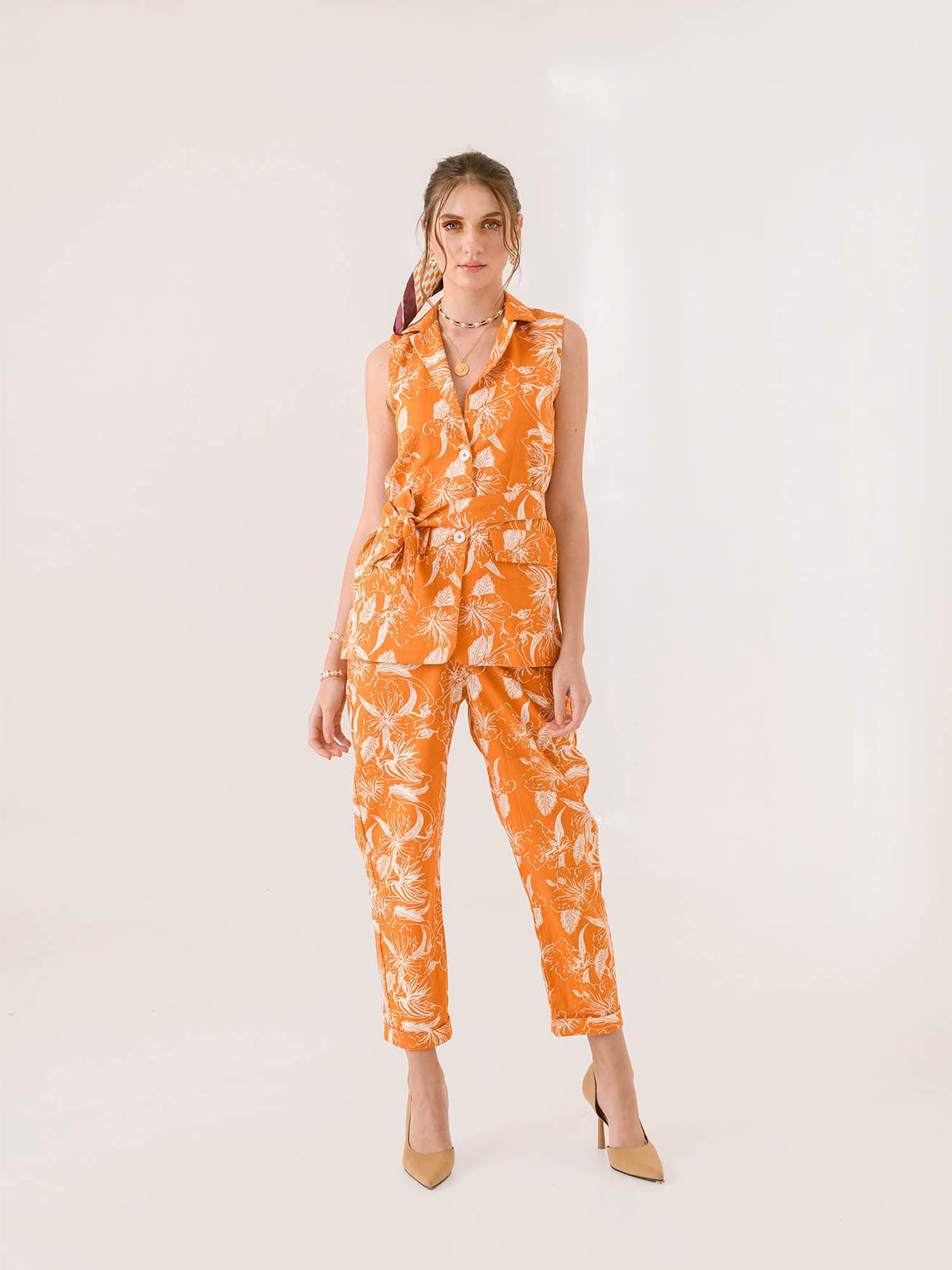 women orange floral co-ord (set of 3)