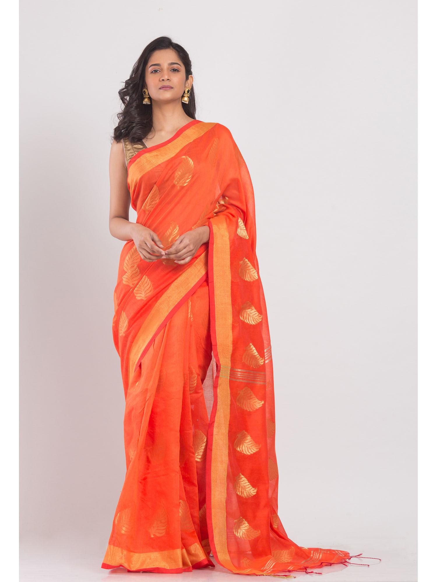 women orange floral jacquard saree with unstitched blouse