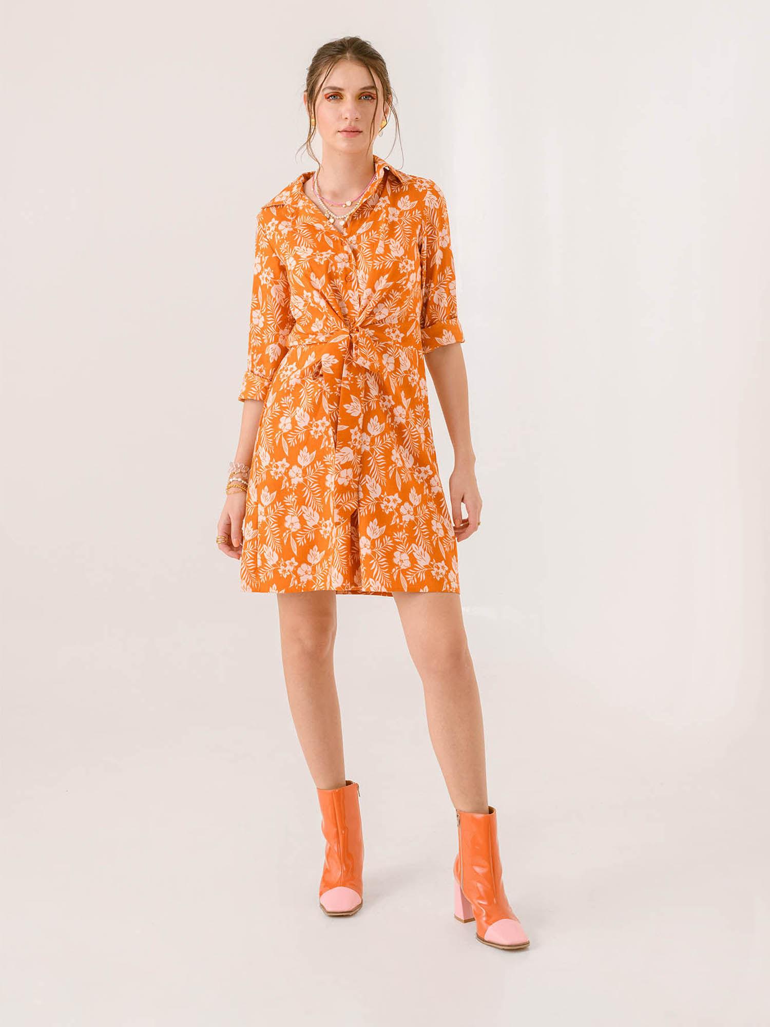 women orange floral mini dress