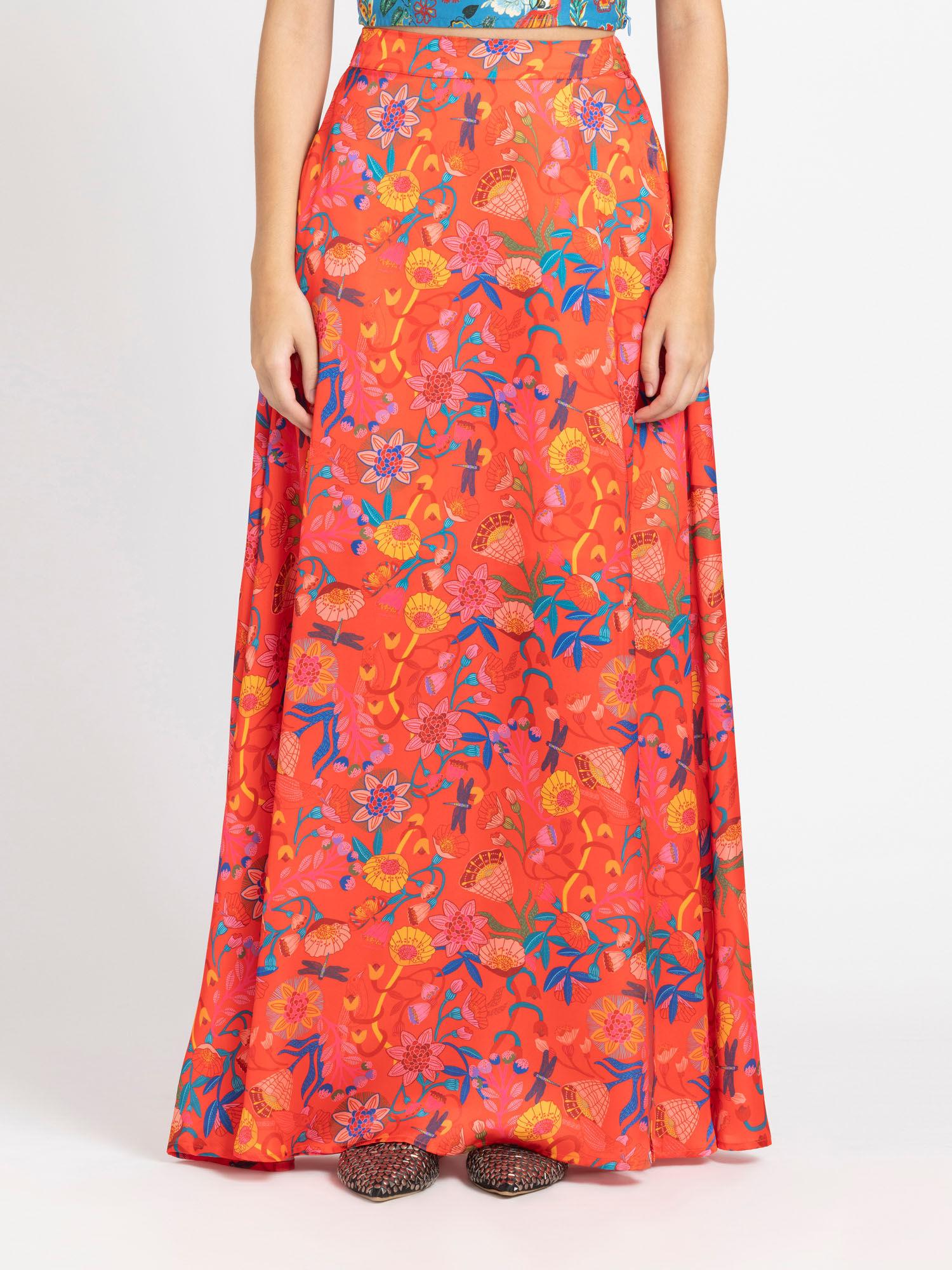 women orange floral print flared party skirt