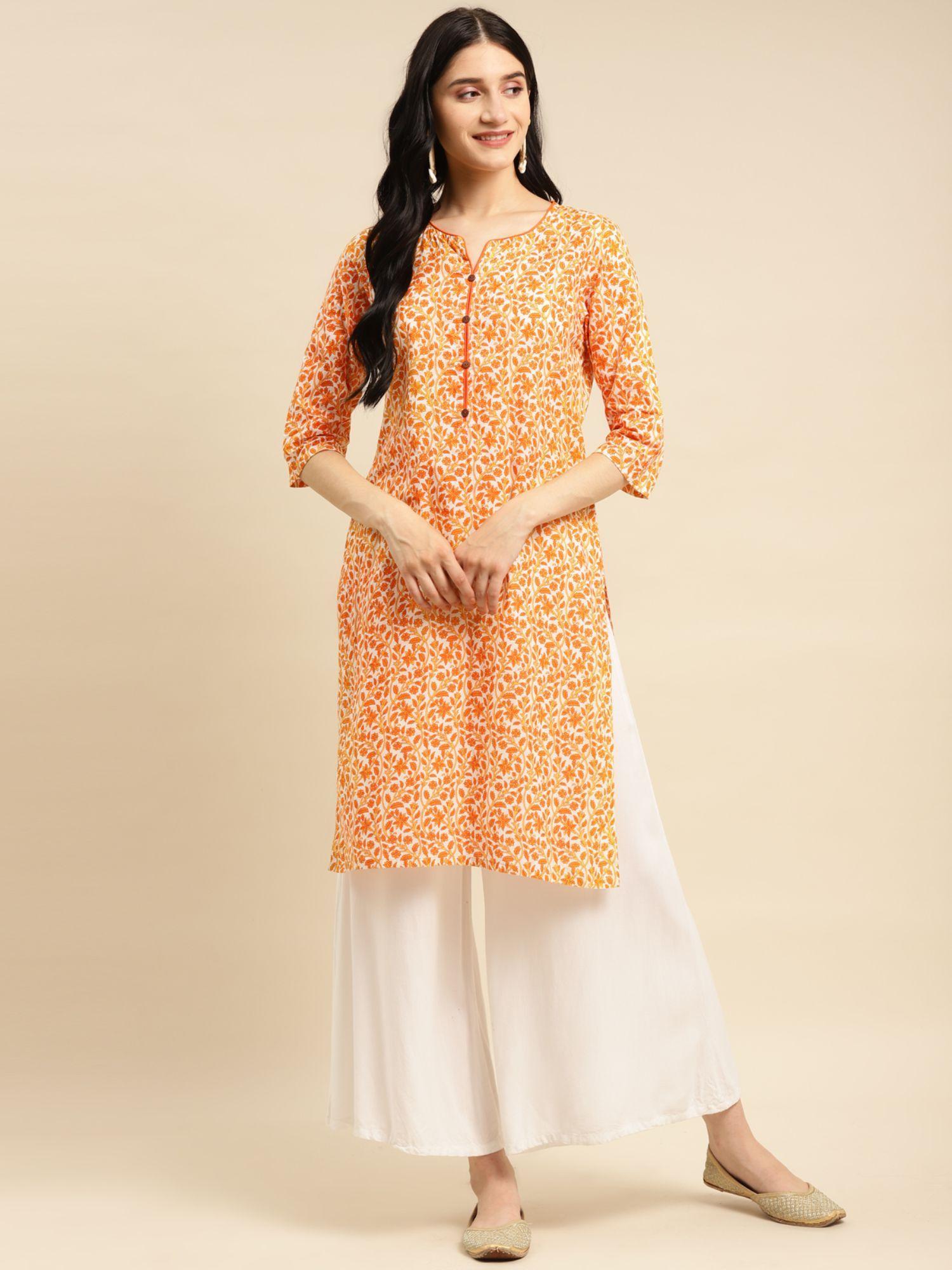 women orange floral printed knee length straight kurta