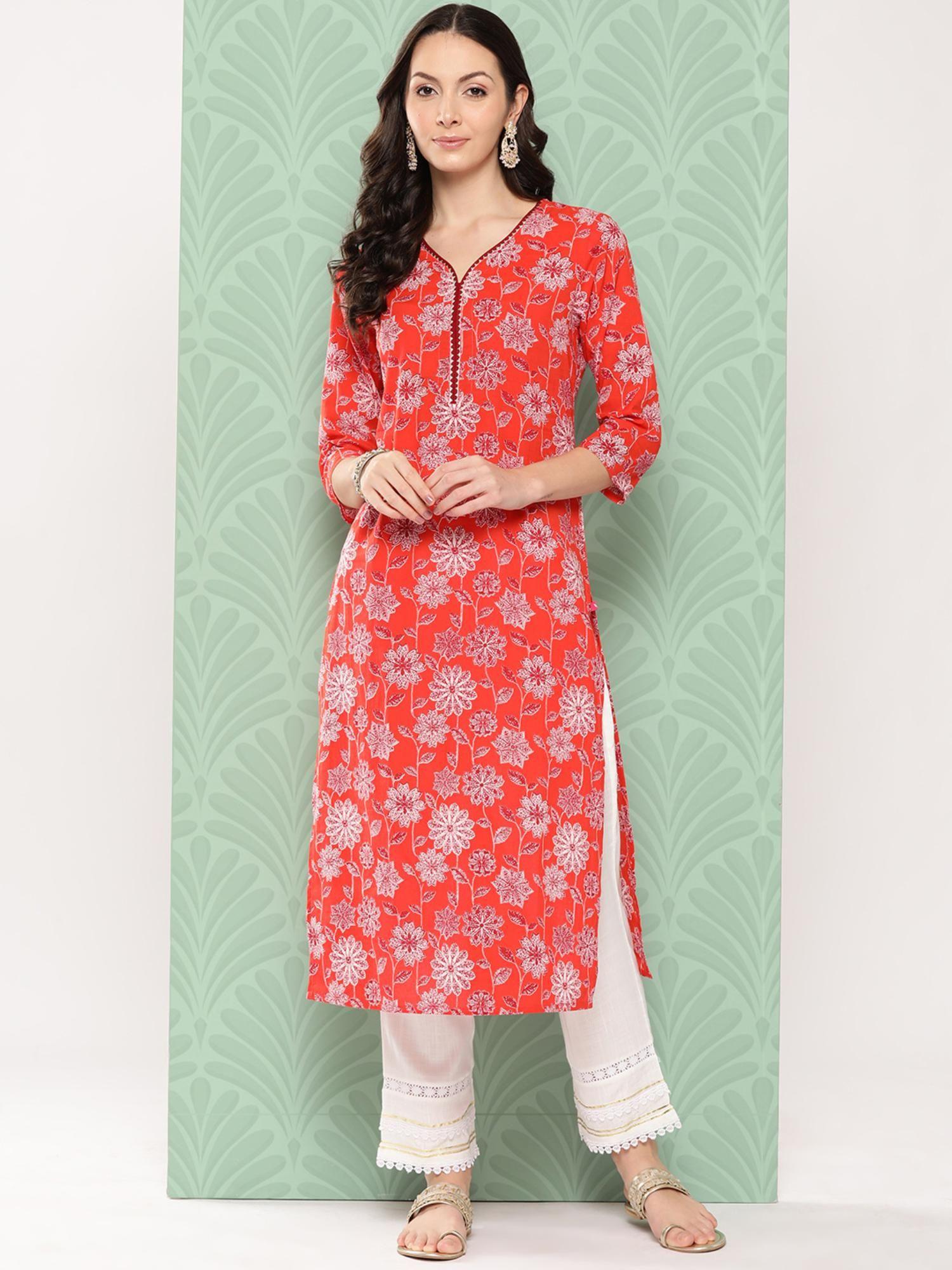 women orange floral printed straight kurta embellished with triangular lace