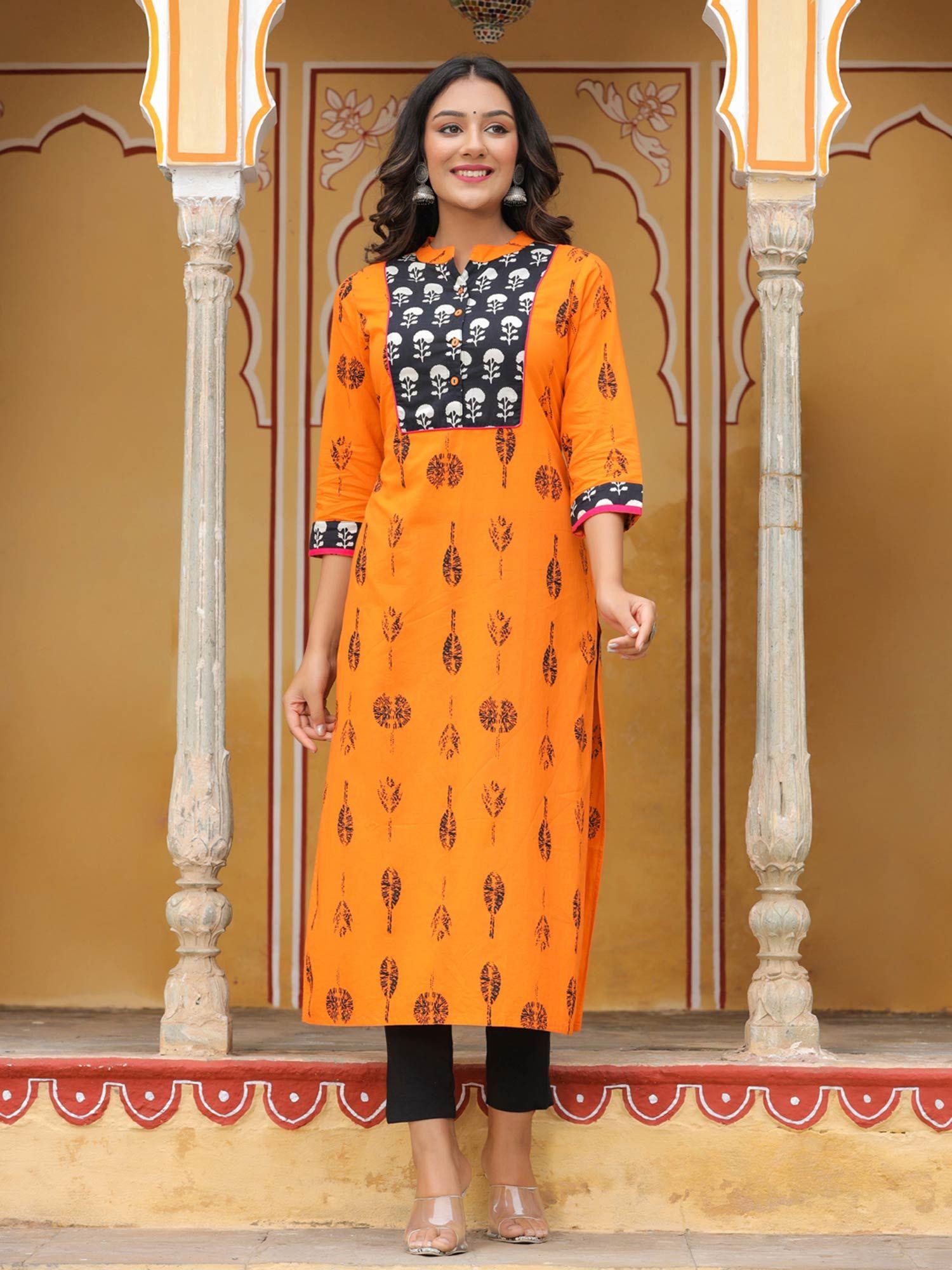 women orange floral straight cotton kurta