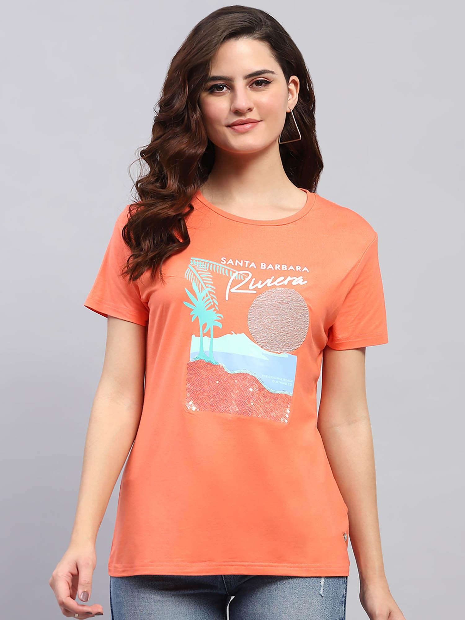 women orange graphic printed half sleeves round neck top