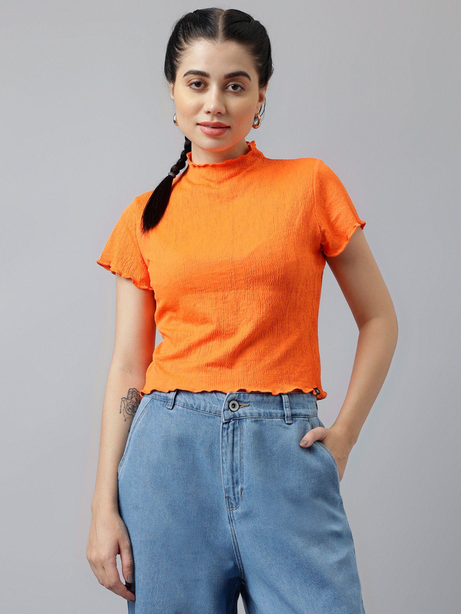 women orange high neck short sleeves top