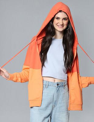 women orange long sleeve solid hooded sweatshirt