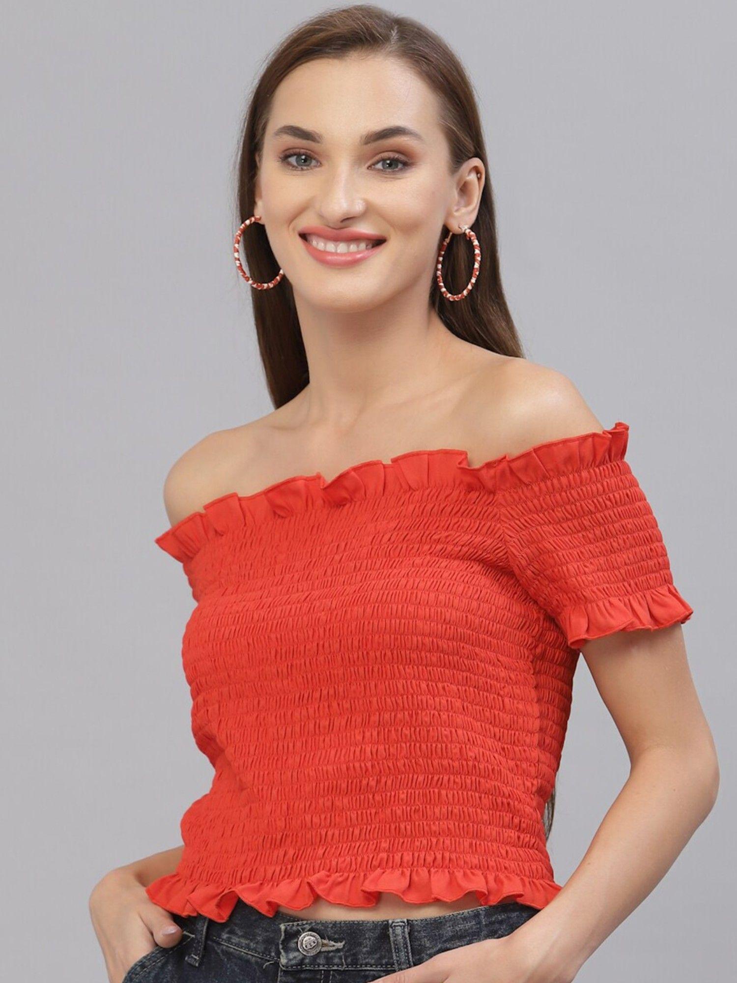 women orange off-shoulder bardot top