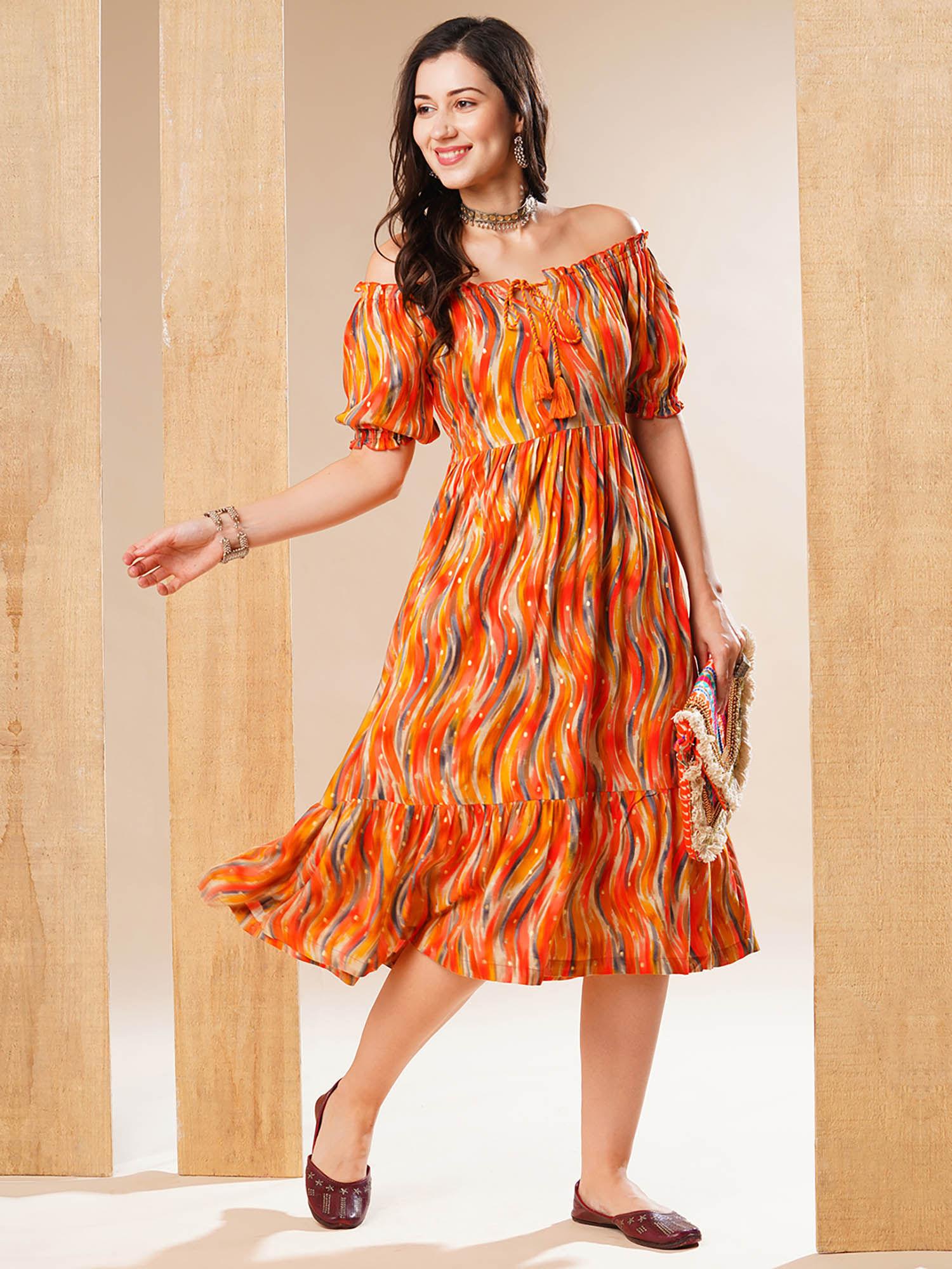 women orange off-shoulder puff sleeves abstract print gathered fit & flare fusion midi dress