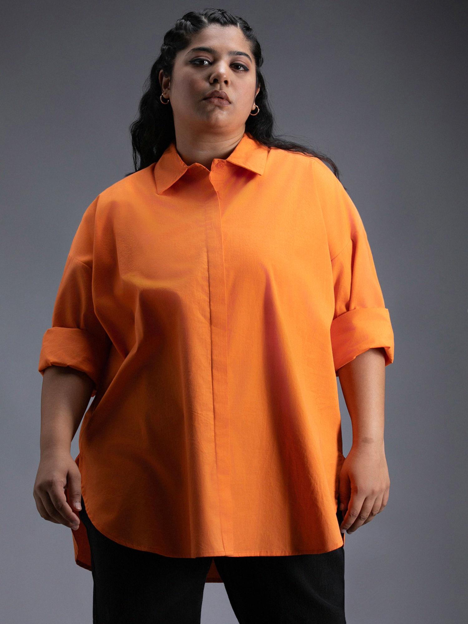 women orange oversized solid cotton shirts