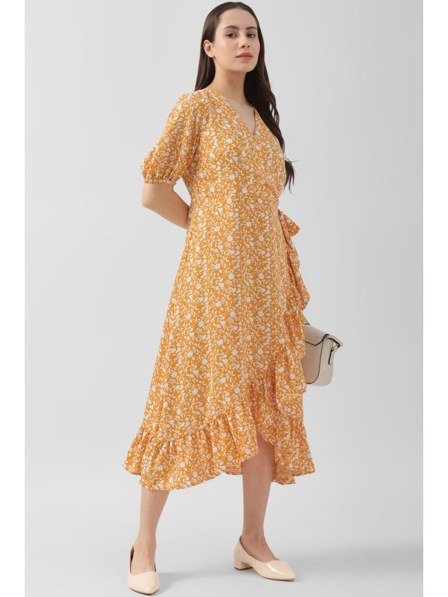 women orange print calf-length casual dress