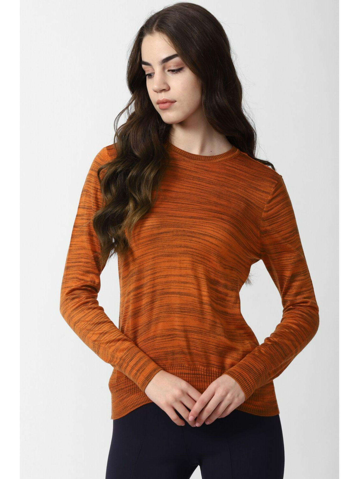 women orange print round neck sweater