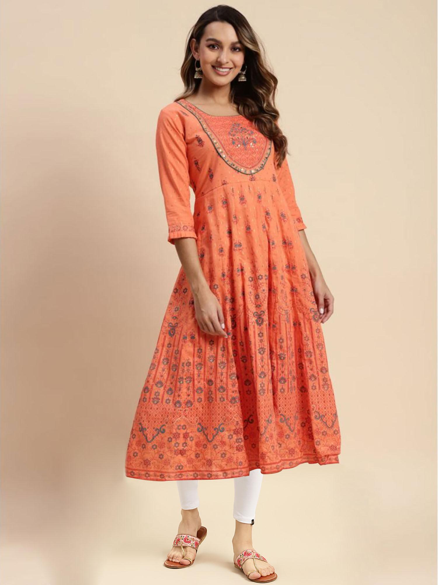 women orange printed- embroidered flared kurta with leggings (set of 2)