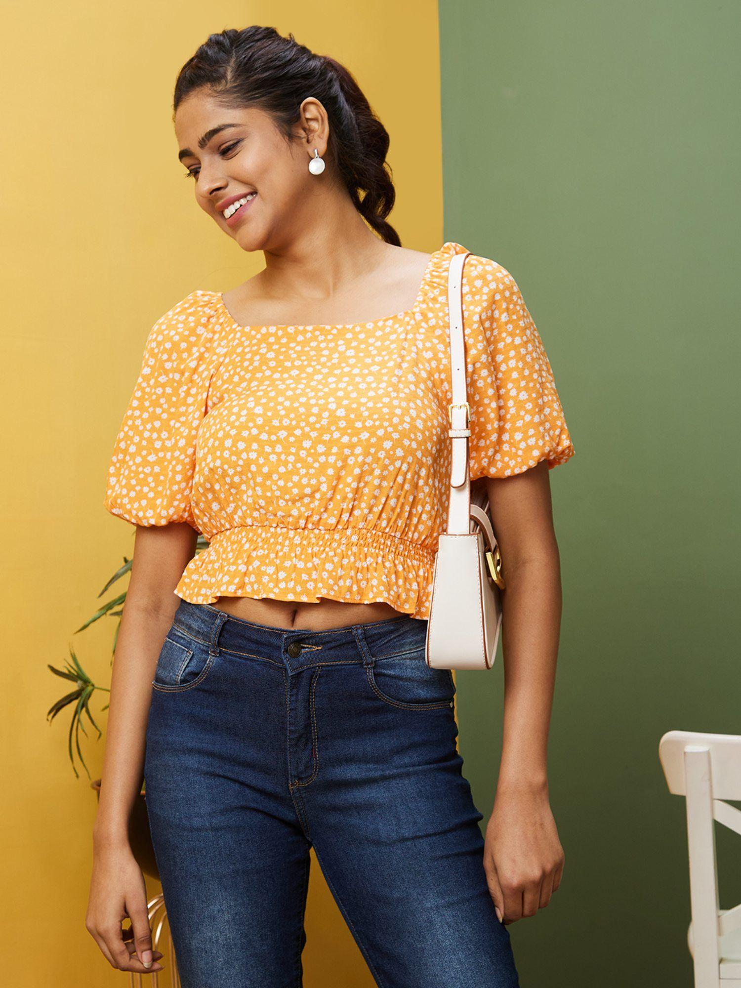 women orange printed casual square neck crop top