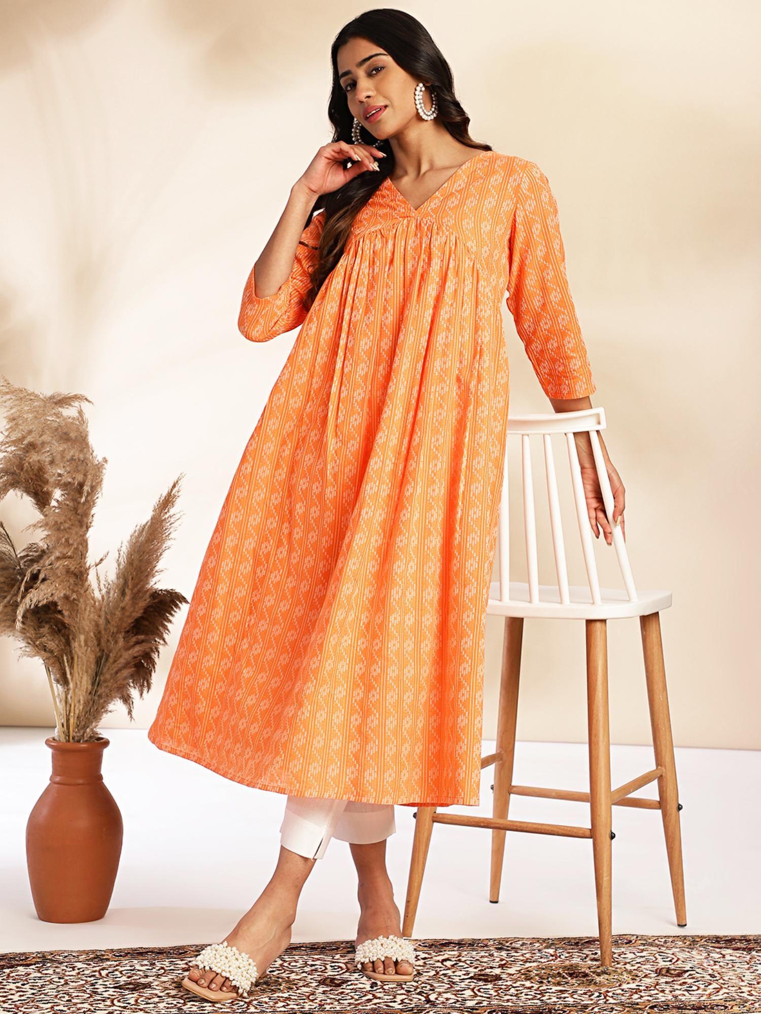 women orange printed empire fit cotton kurta