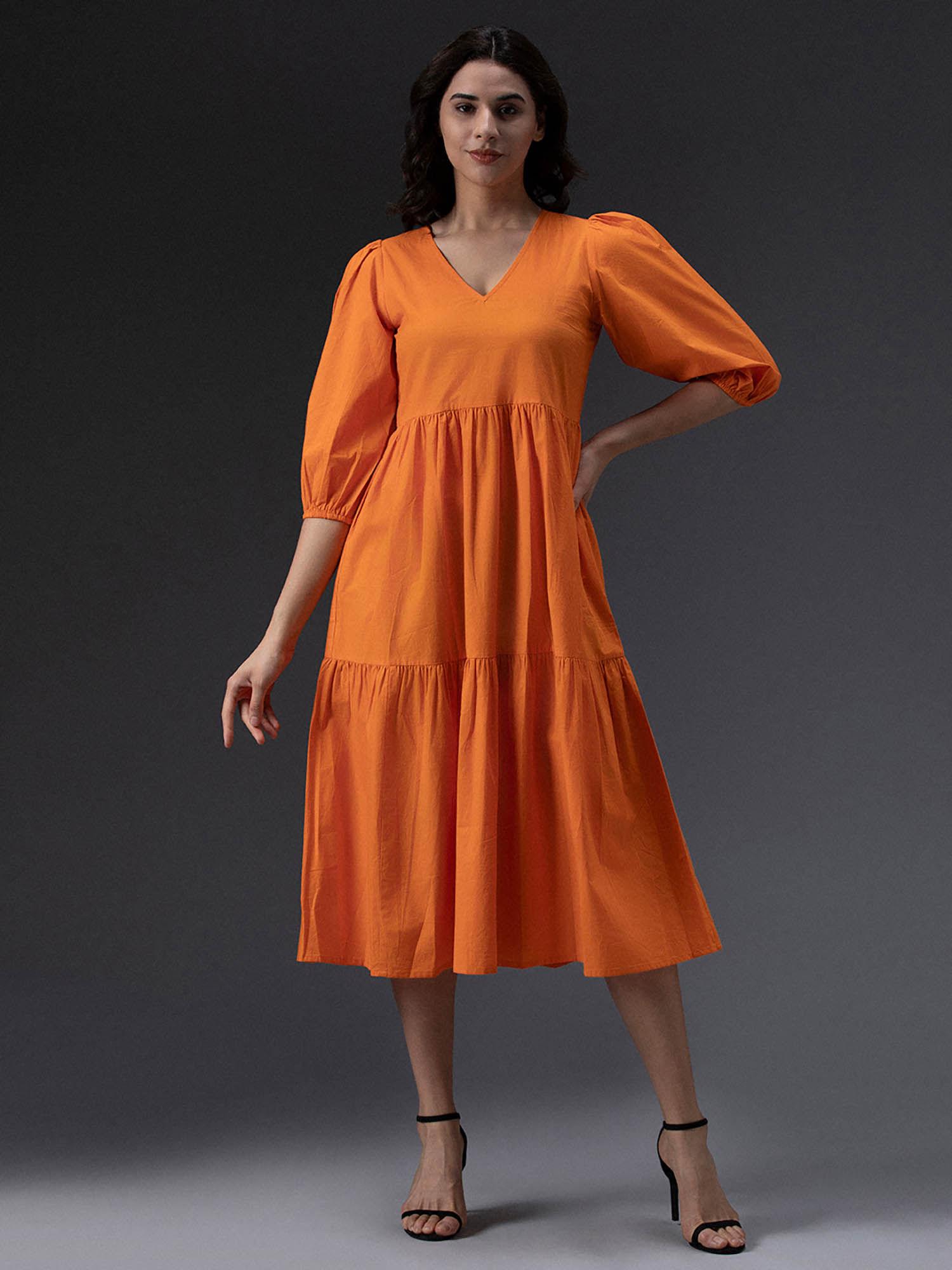 women orange pure cotton poplin dress