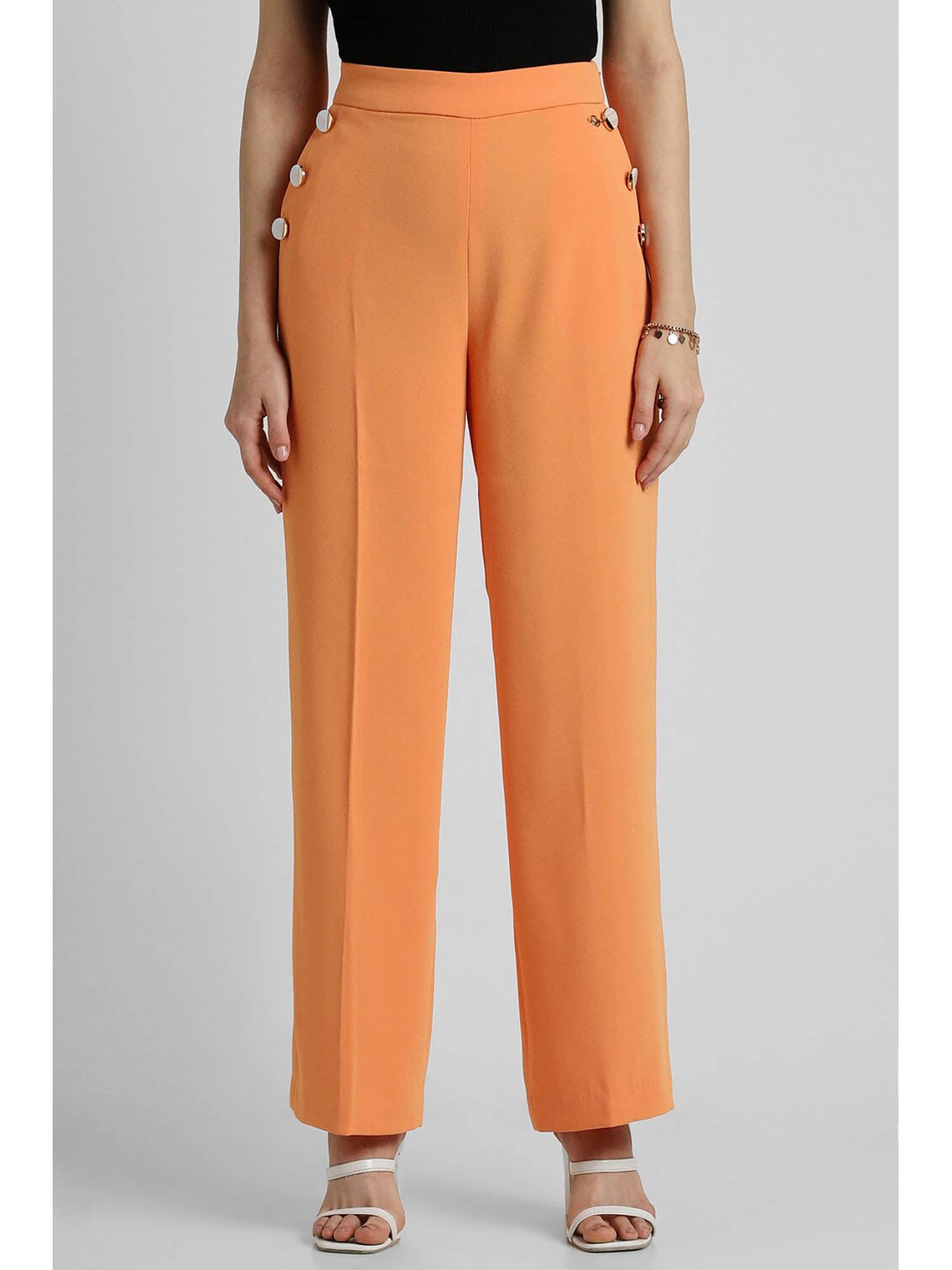 women orange regular fit solid formal trousers