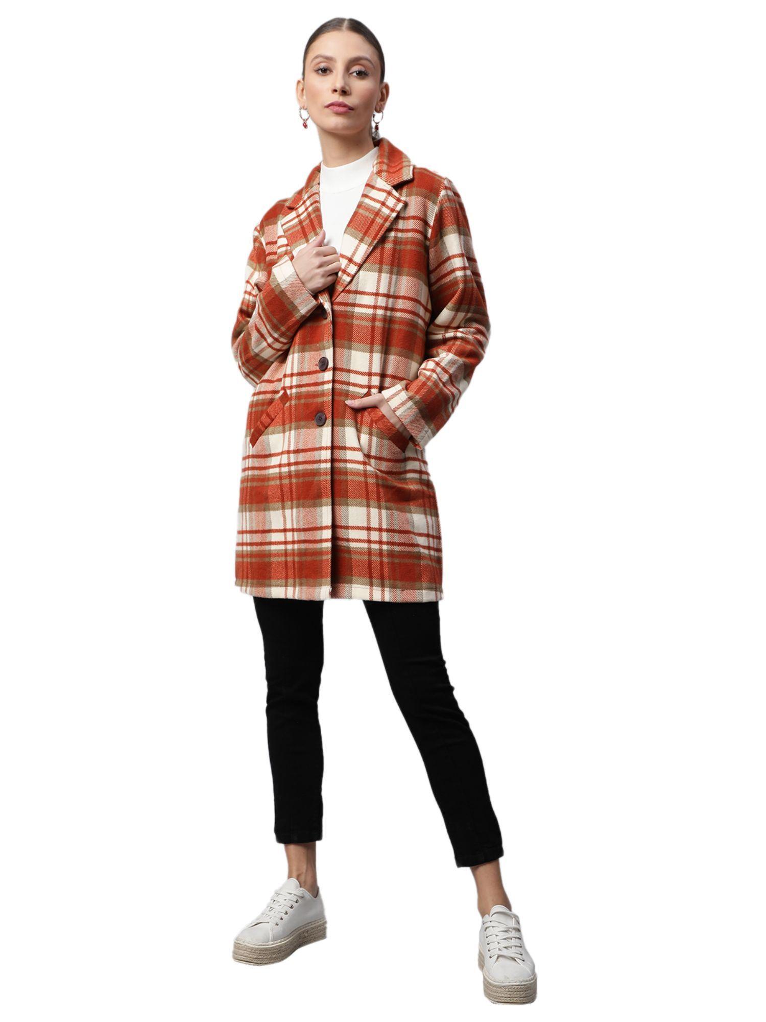 women orange relaxed fit checkered single breasted coat