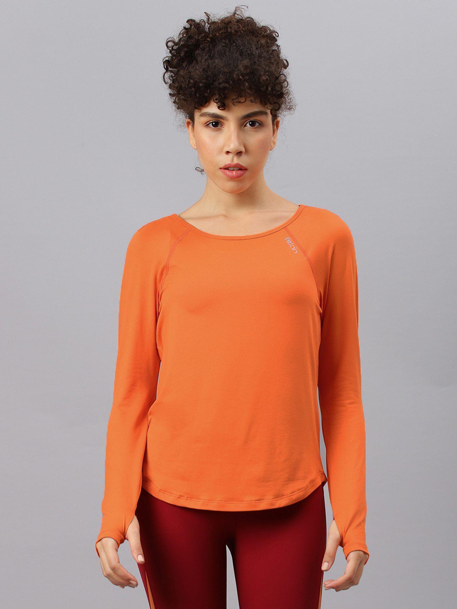 women orange round neck back laser cut t-shirt