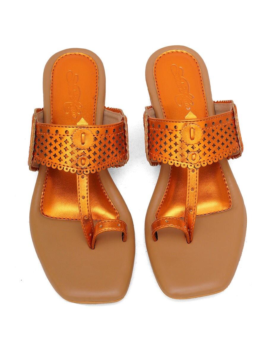 women orange rubber open back one toe flats kolhapuris
