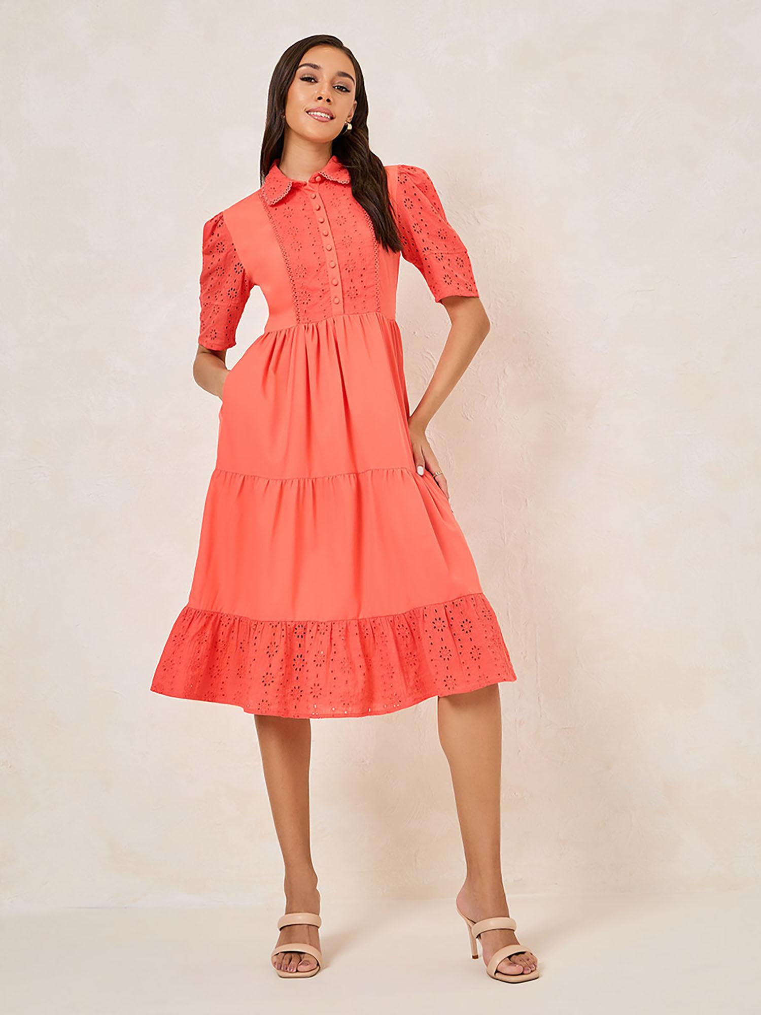 women orange schiffli panel yoke shirt midi dress