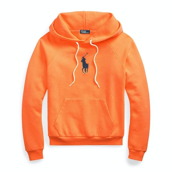 women orange shrunken fit big pony fleece hoodie