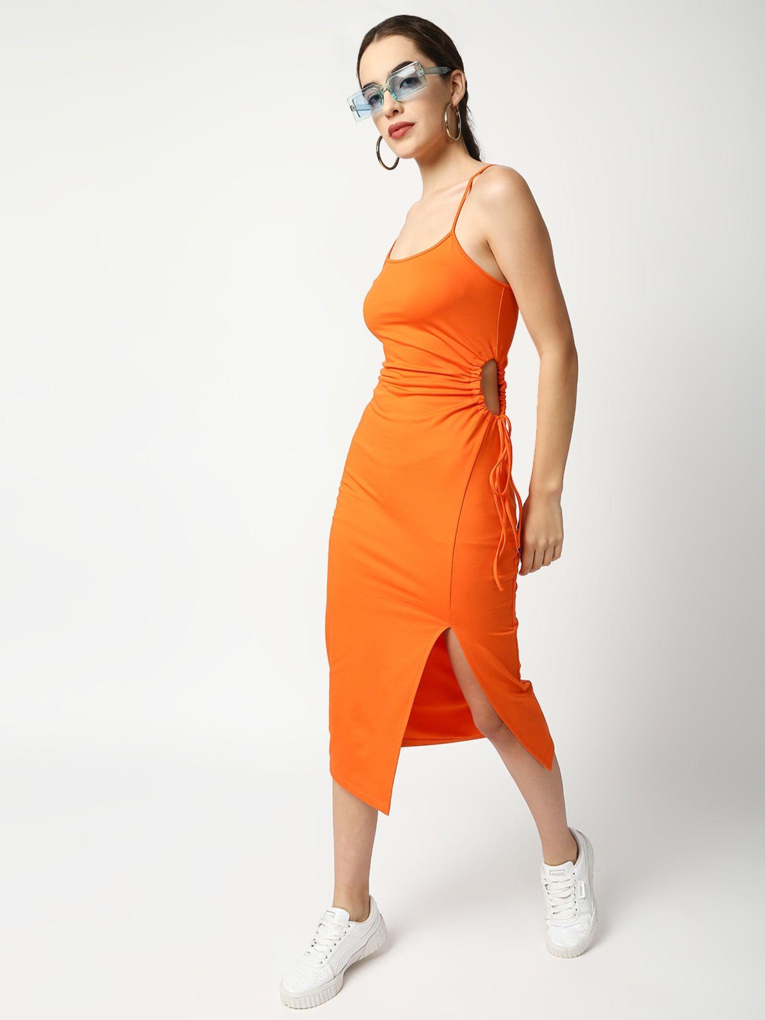 women orange side tie-up detail strappy midi dress