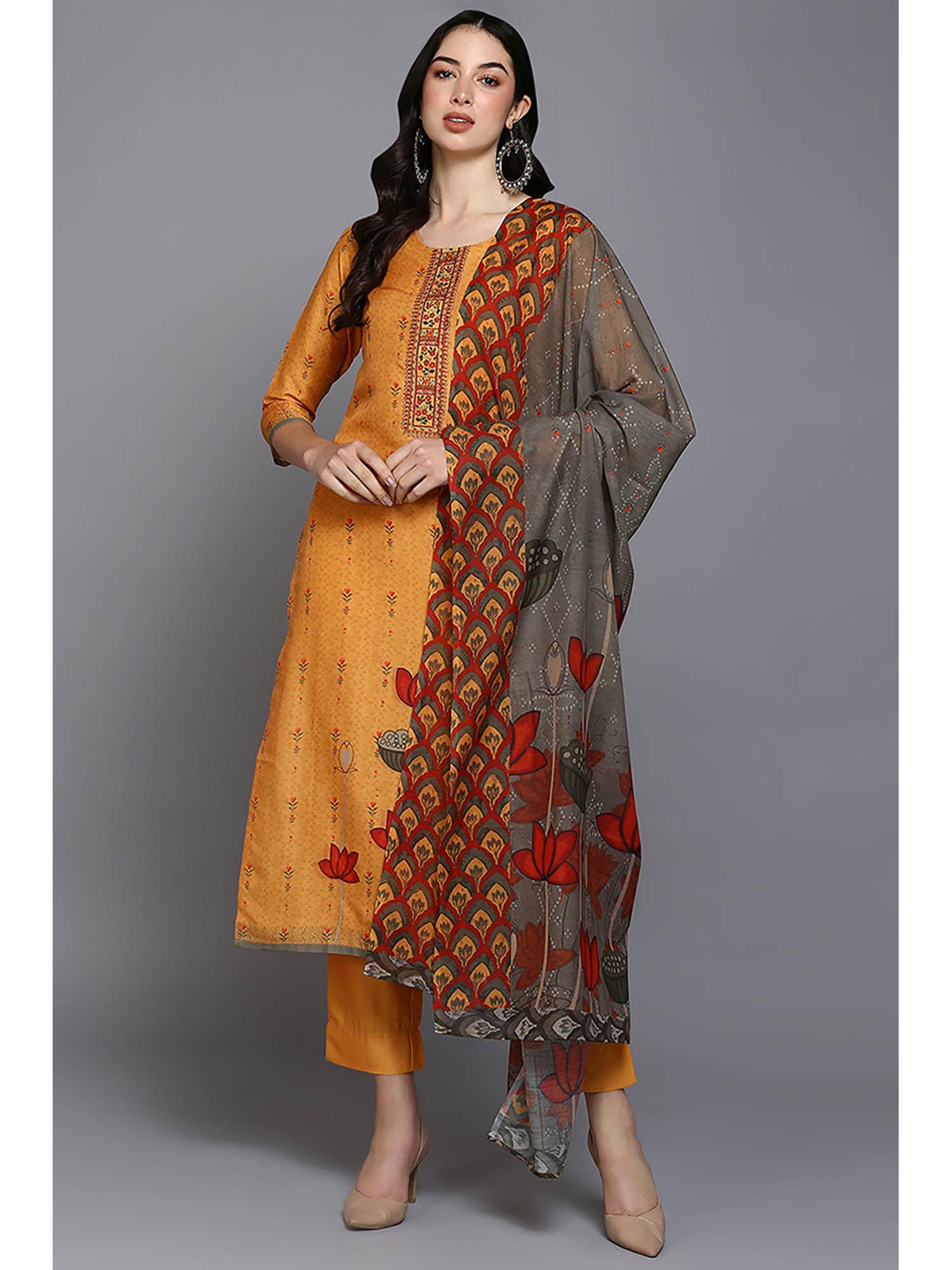 women orange silk blend floral printed straight kurta pants with dupatta (set of 3)