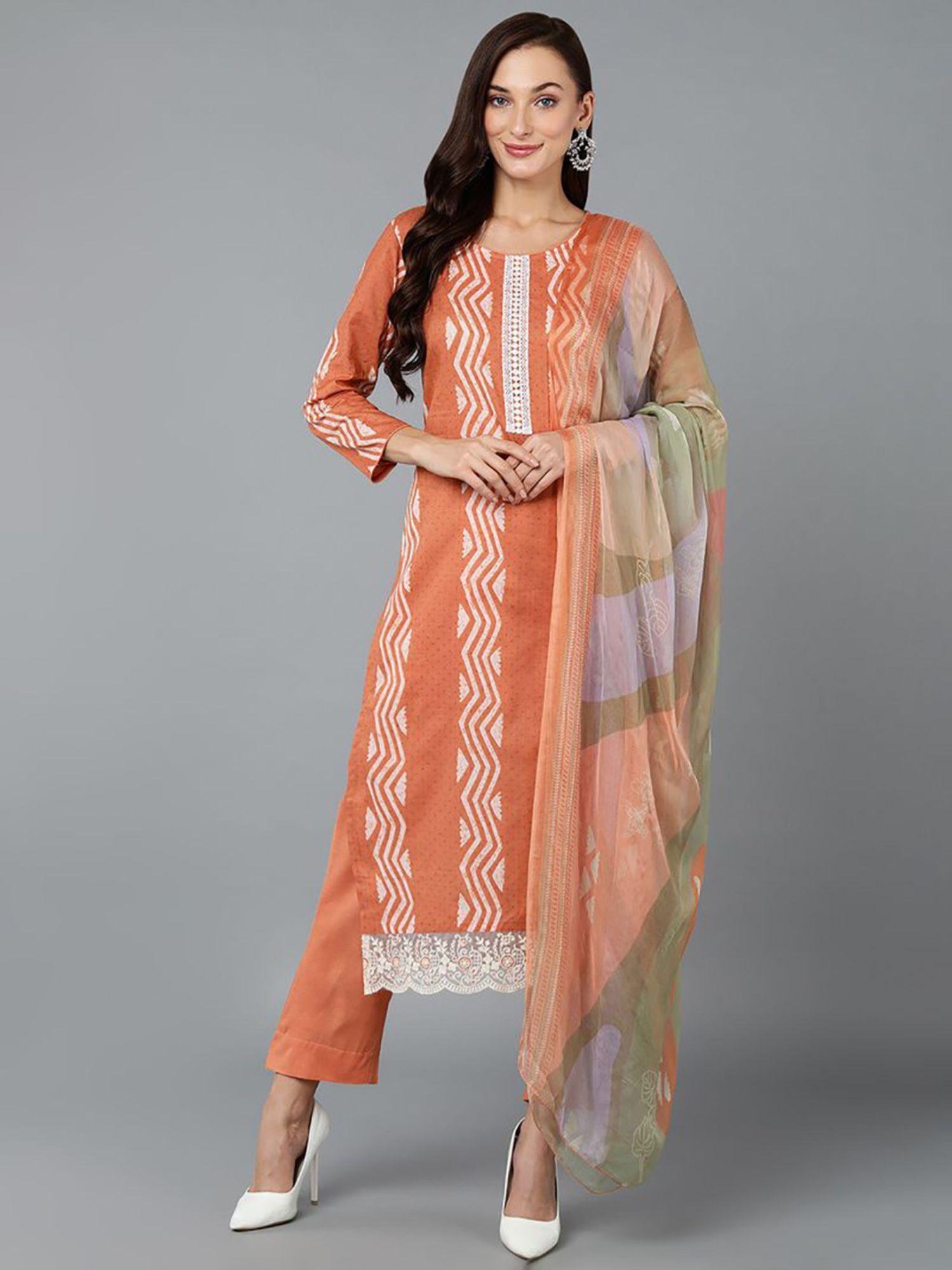 women orange silk blend printed straight kurta pant with dupatta (set of 3)