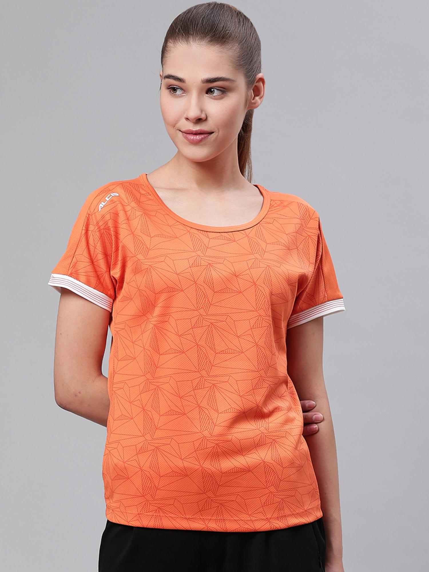 women orange slim fit solid round neck tennis t-shirt