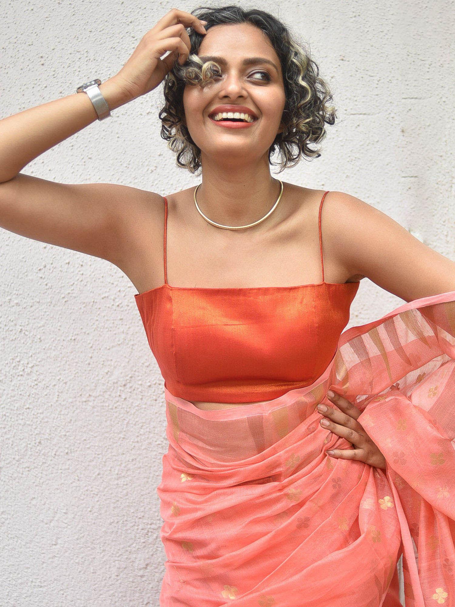 women orange solid artificial silk saree blouse
