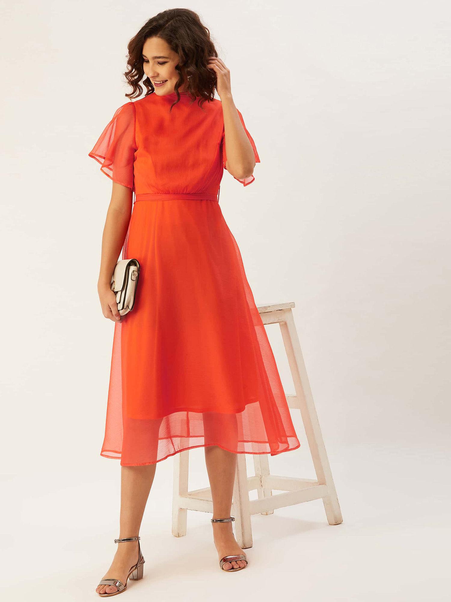 women orange solid fit and flare dress