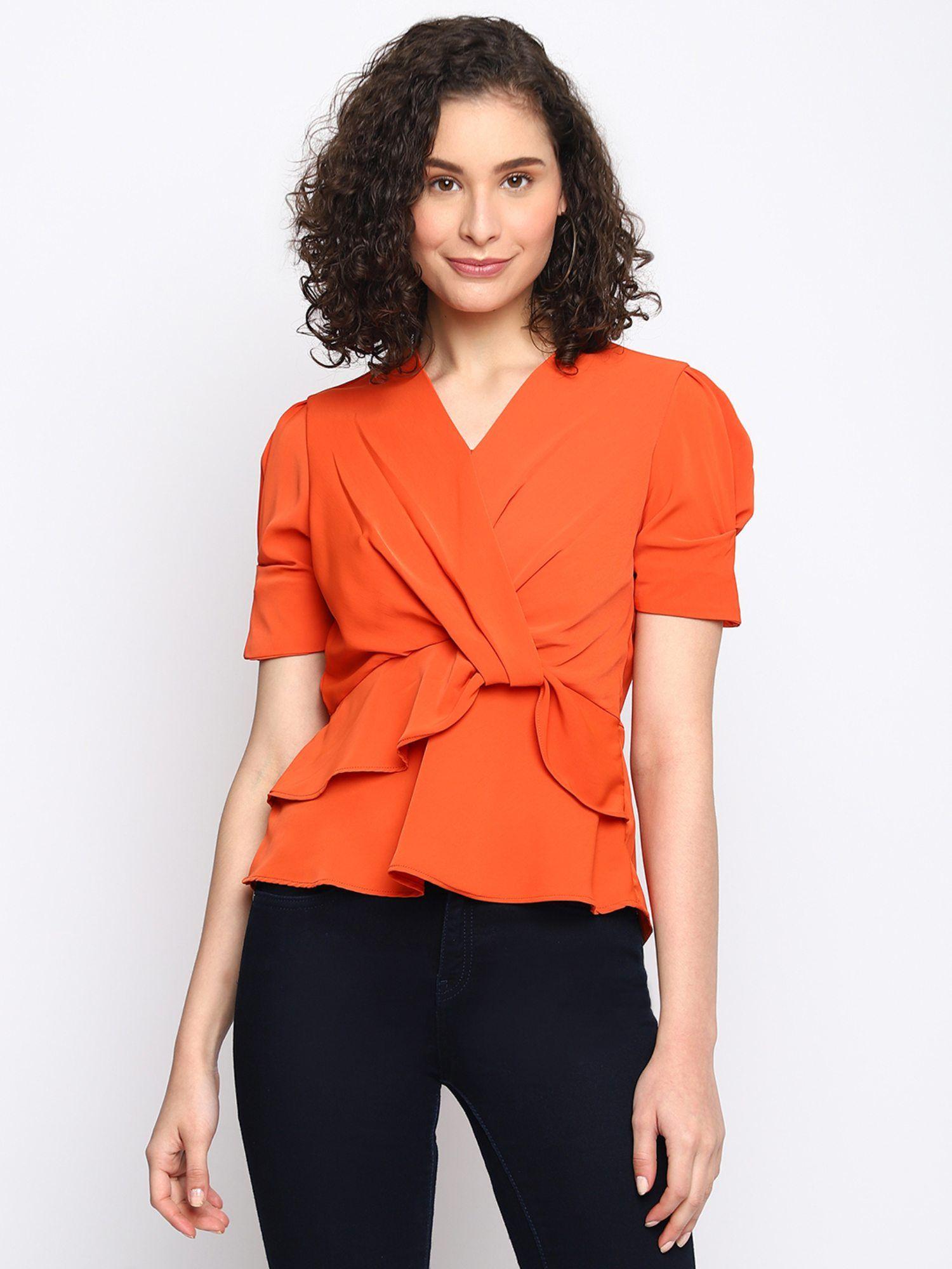 women orange solid half sleeve regular top