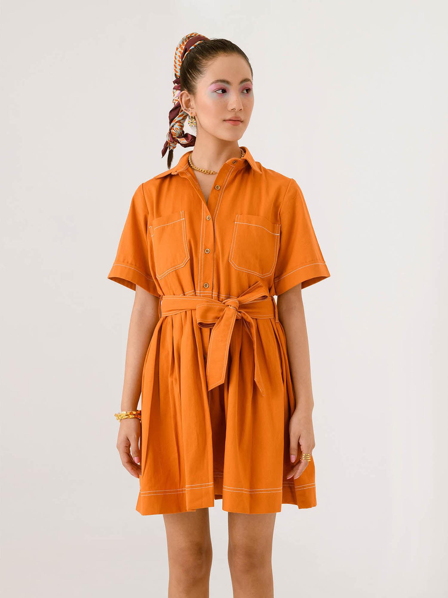 women orange solid mini dress with belt