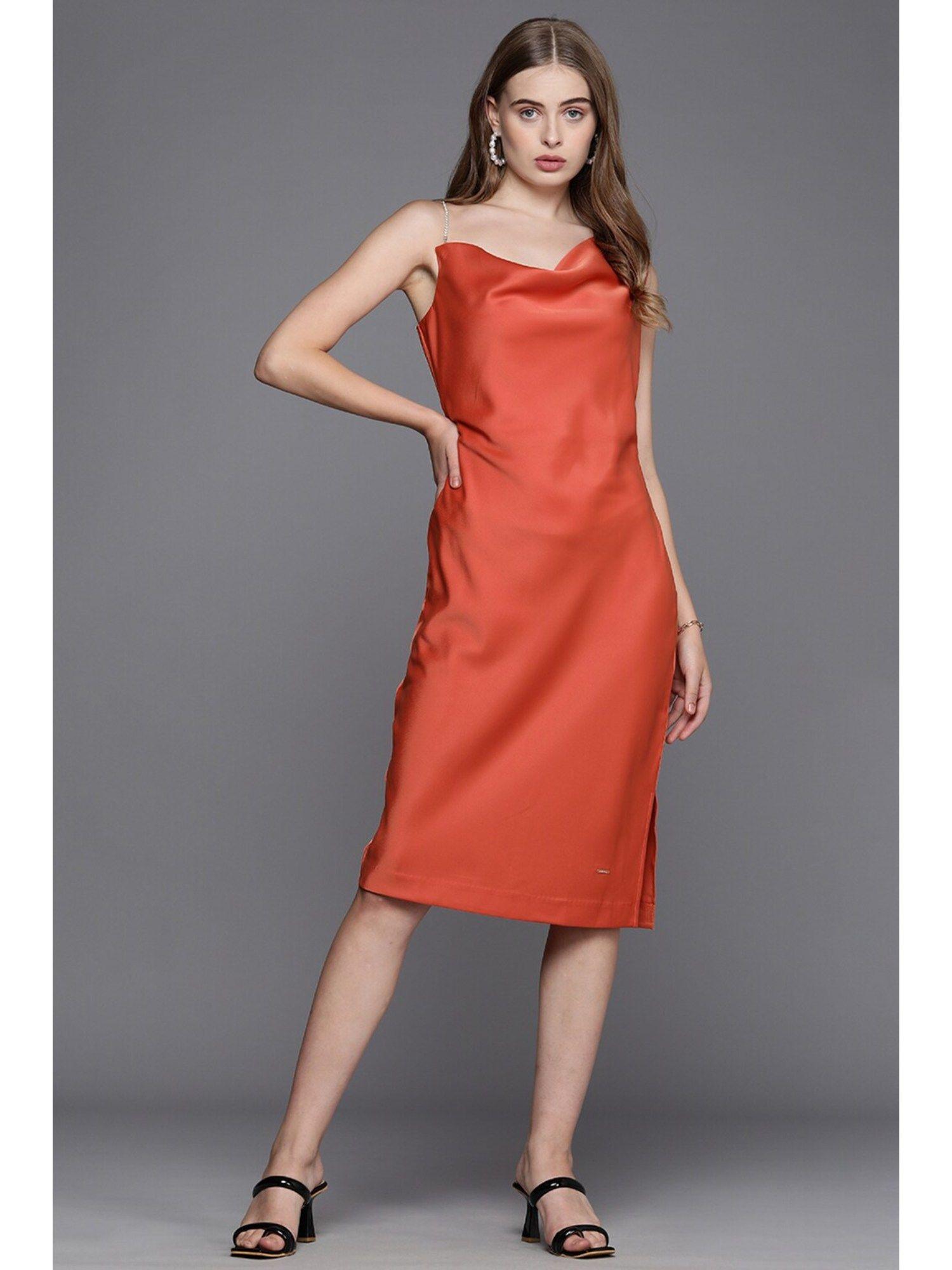 women orange solid party dress