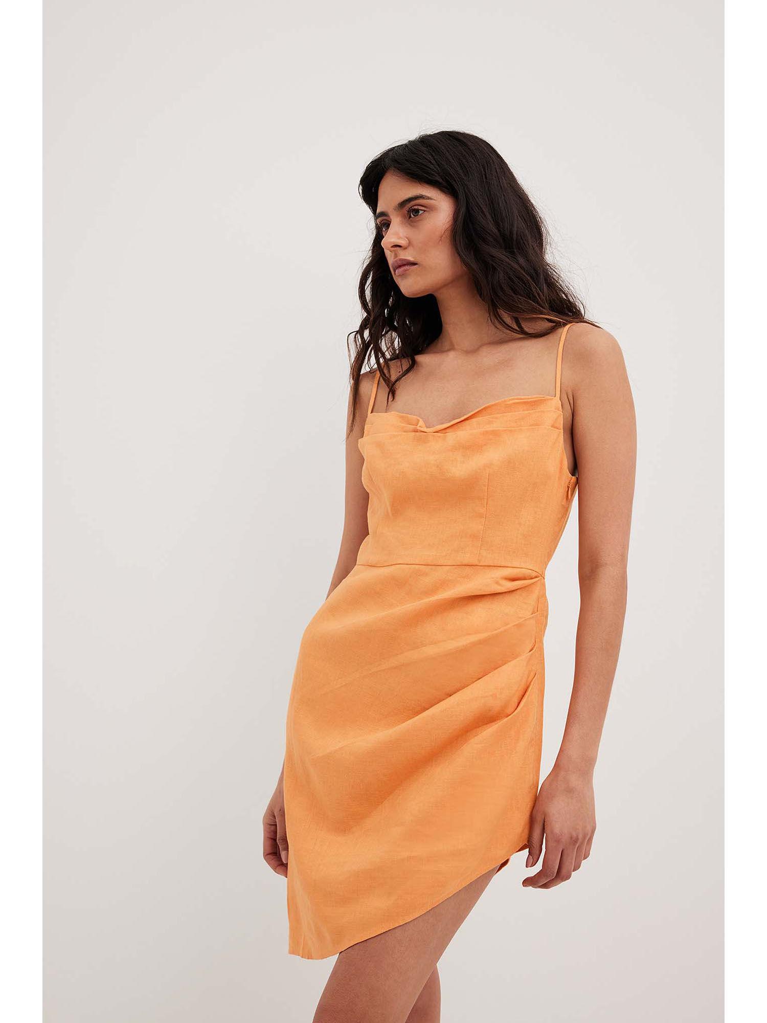 women orange solid-plain midi dress