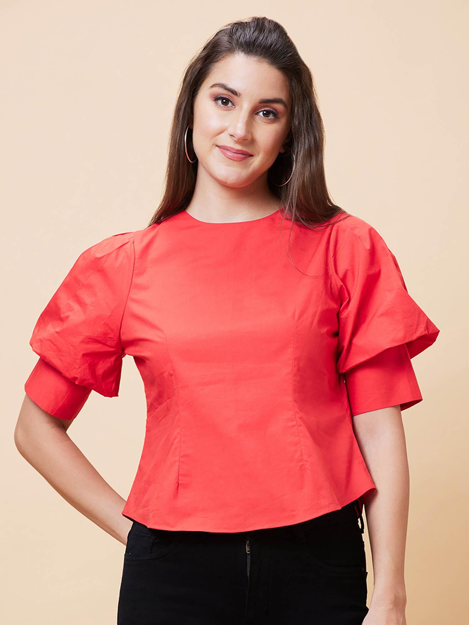 women orange solid round neck casual top