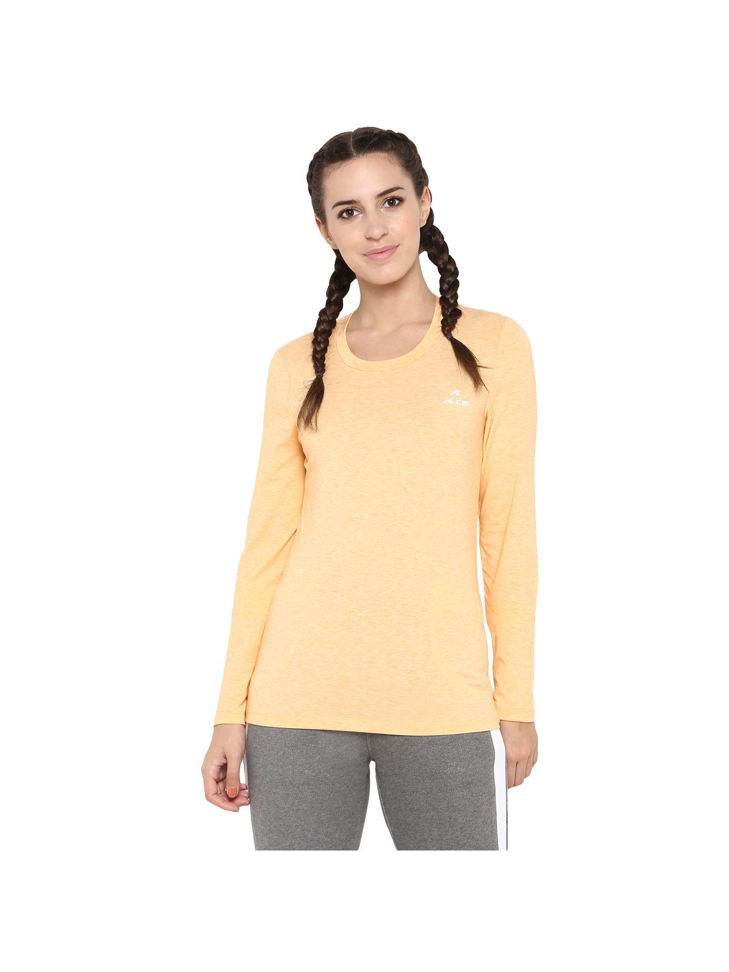 women orange solid round neck t-shirt