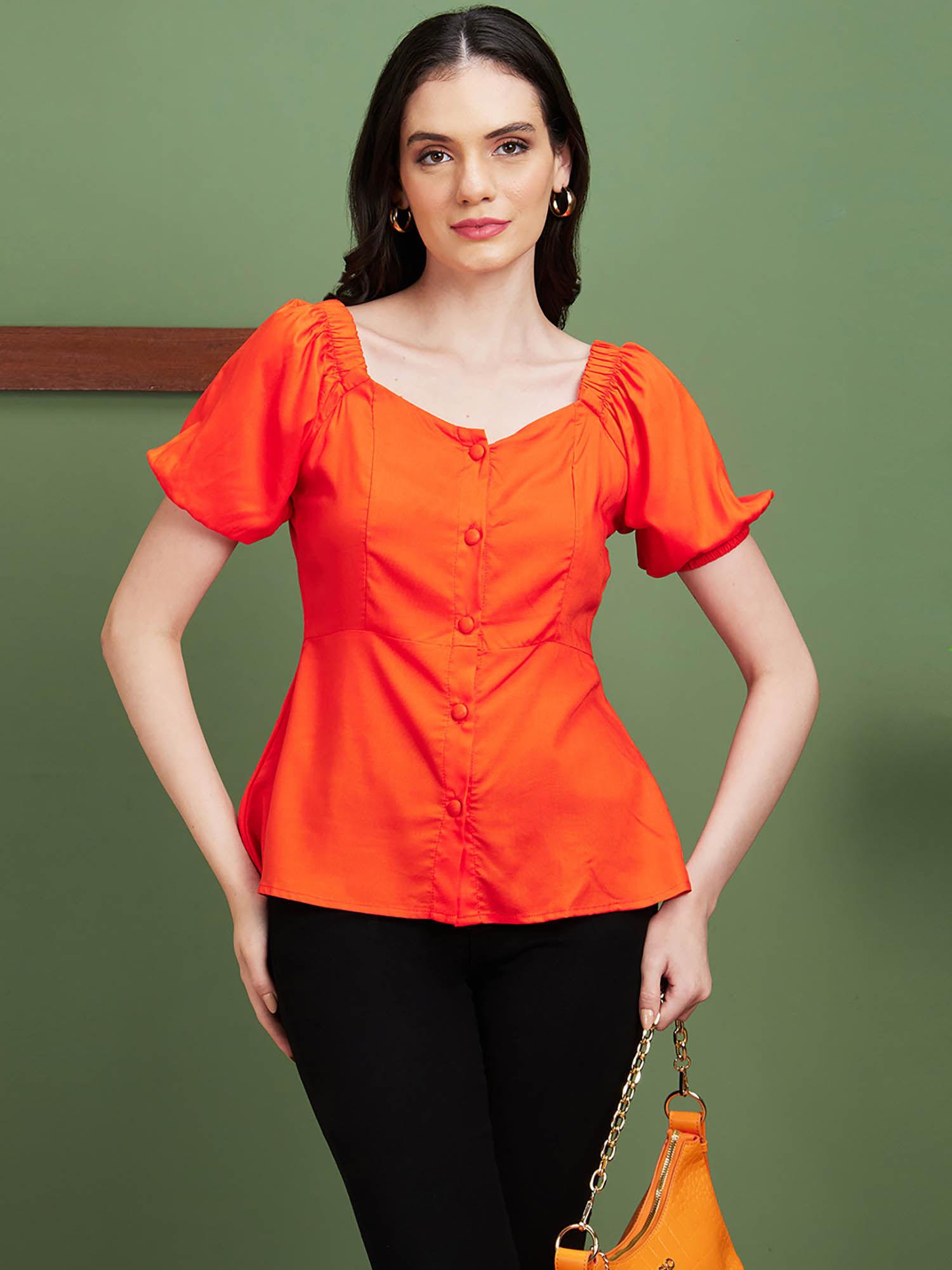 women orange solid sweetheart neck casual top