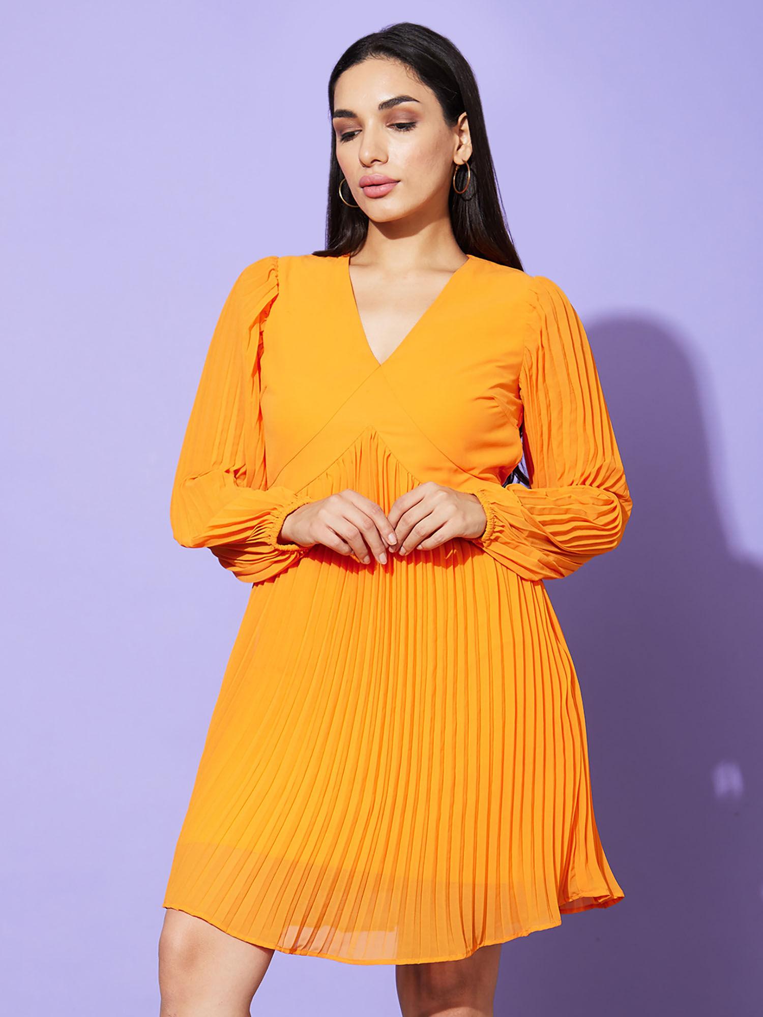 women orange solid v-neck bishop sleeves fit & flare casual dress