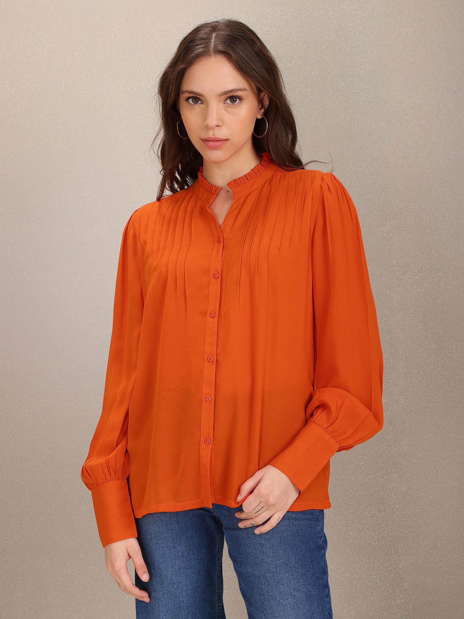 women orange stand collar pleated solid top