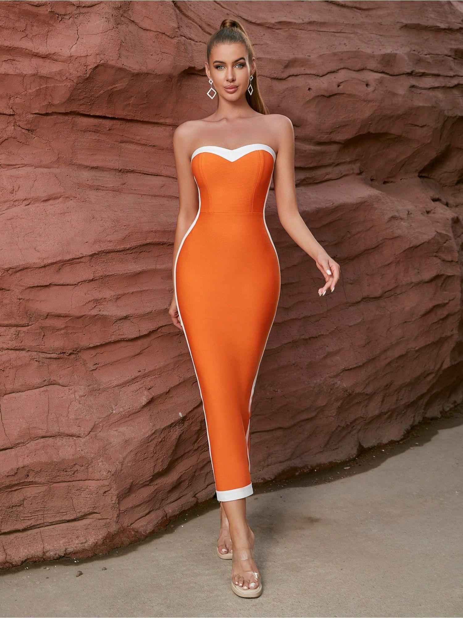 women orange strapless/tube solid maxi dress