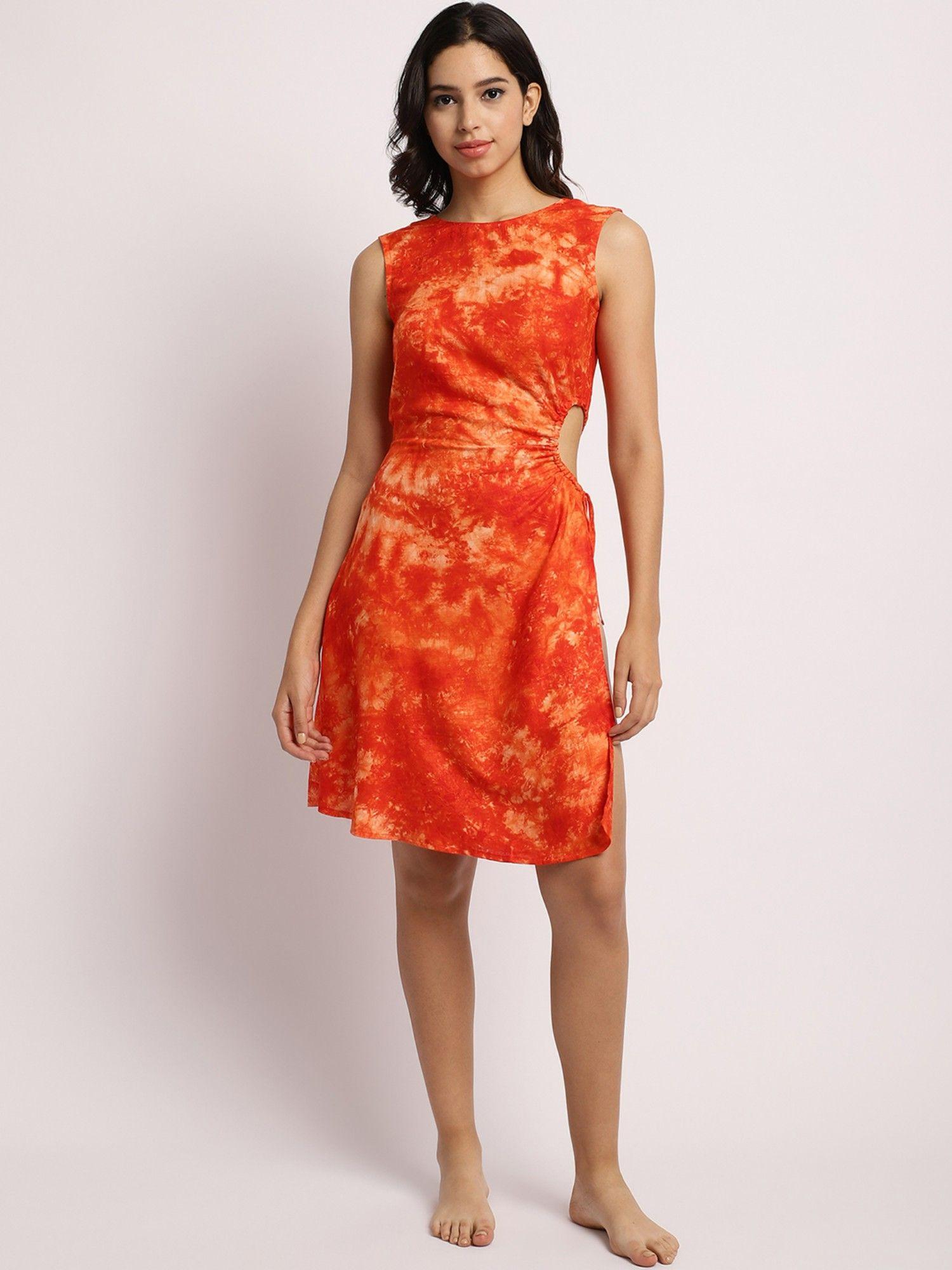 women orange tie & dye cotton swim cover up dress