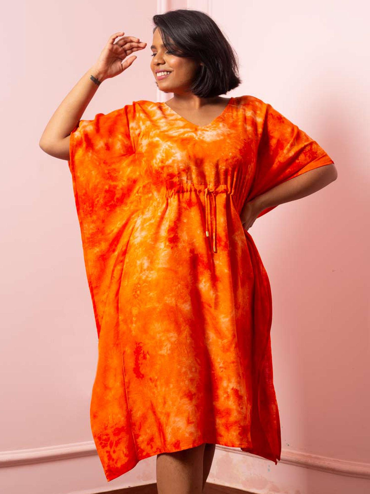 women orange tie & dye kaftan nightdress