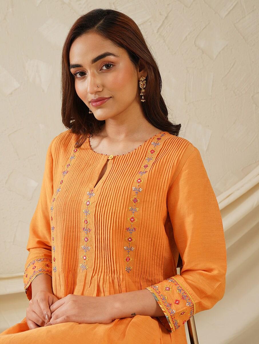 women orange viscose linen embroidered mandarin collar regular fit tunics