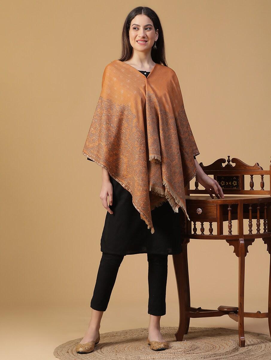 women orange wool hand woven shawls