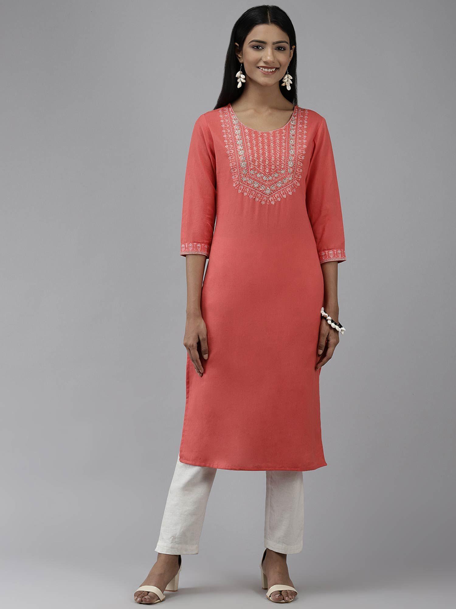 women orange yoke design thread work cotton pastels kurta